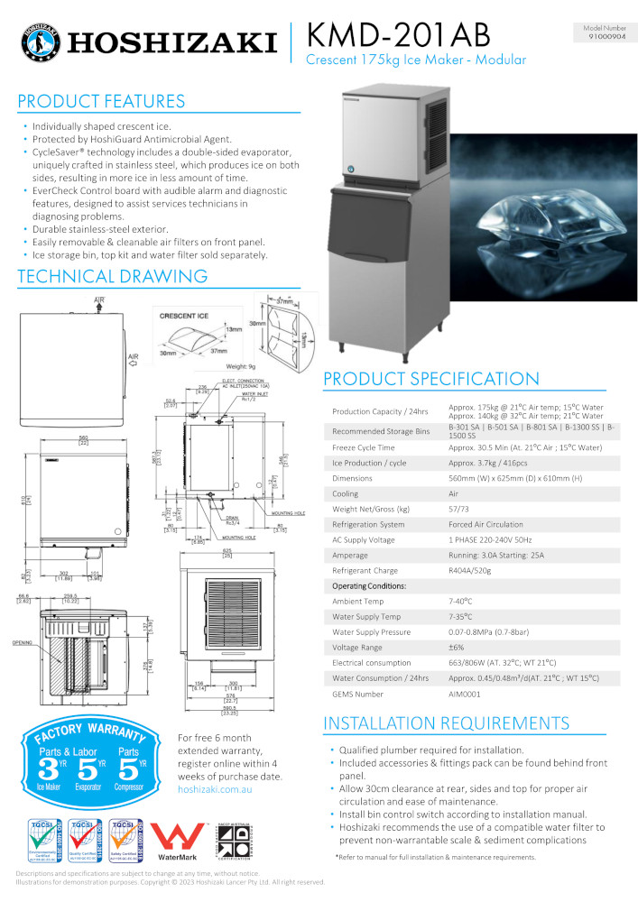 HOSHIZAKI ICEMAKER KMD-201AB CRES ICE 175KG HEAD ONLY - Image 2